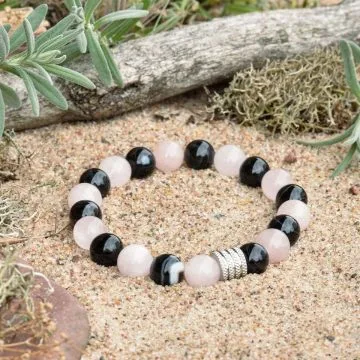 Bracciale in Agata Nera e Quarzo Rosa