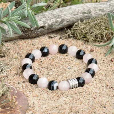 Bracciale in Agata Nera e Quarzo Rosa