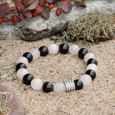 Bracciale in Quarzo Rosa e Ossidiana Nera