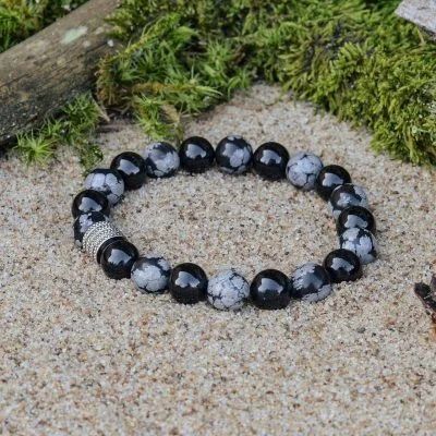 Bracciale in Ossidiana Fiocco di Neve e Tormalina Nera (Schorl)